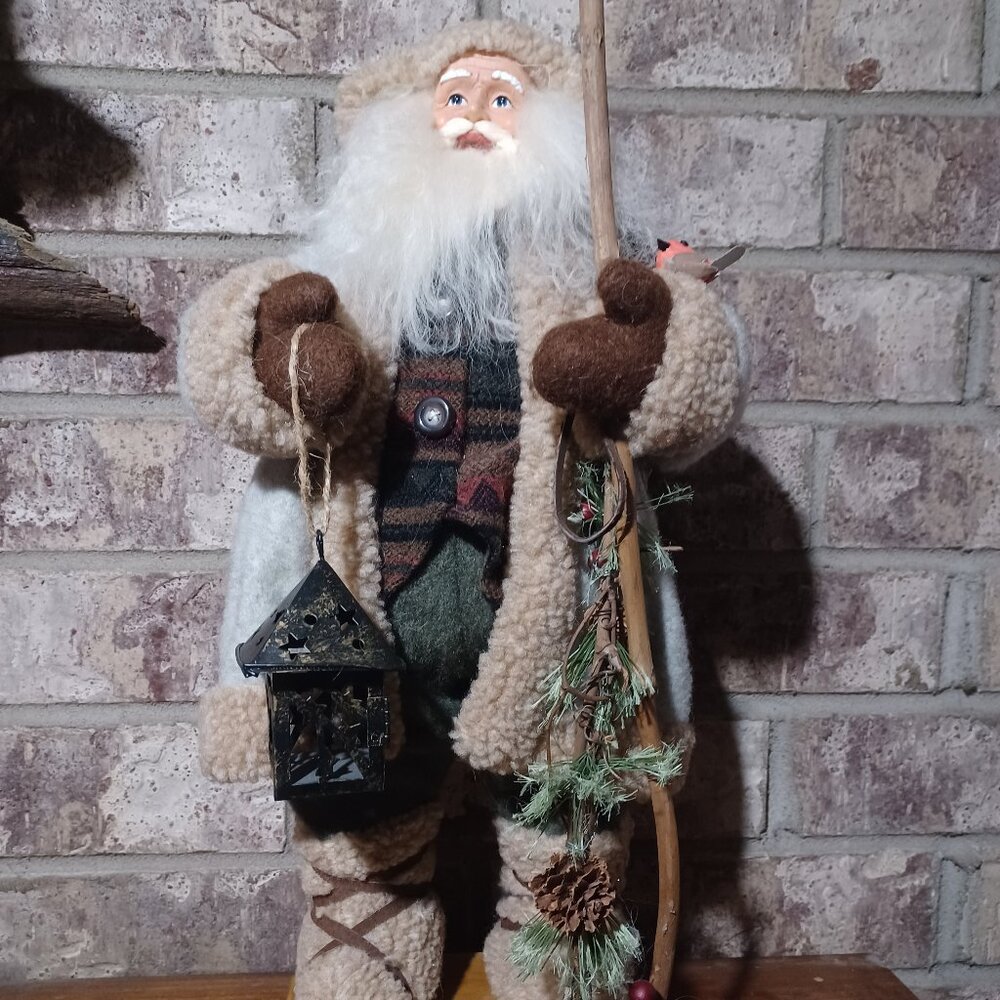 Rustic Woodland Santa Figurine 16 Inch Christmas Decor Faux Fur Lantern Forest